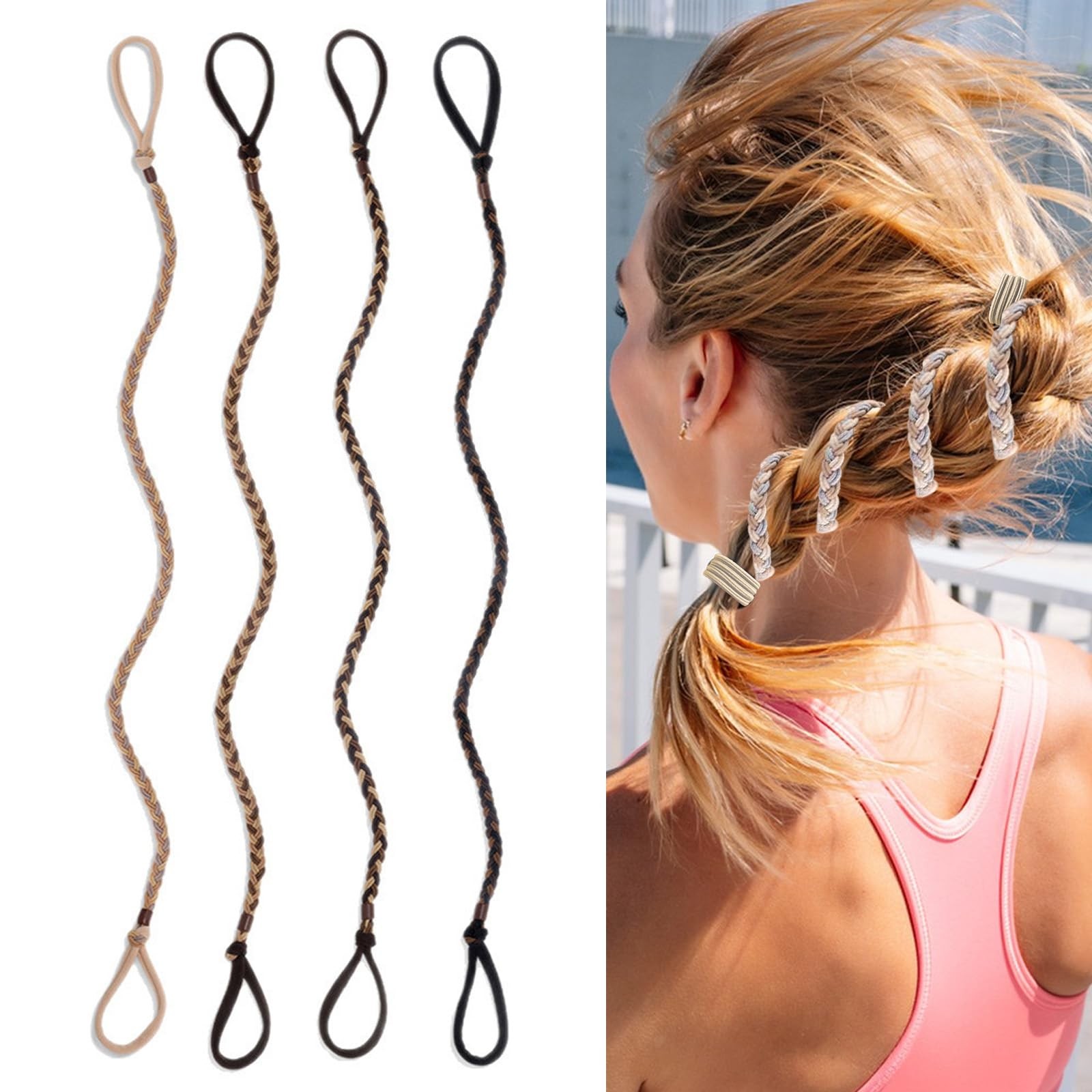 4 PCS 17 Inch Spiral Braided Hair Ties For Sports No Damage Mix Color 41