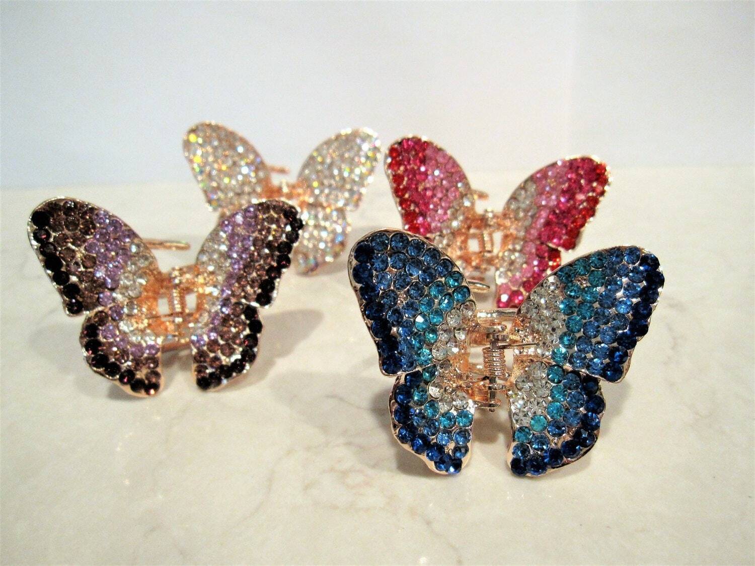 Gold metal butterfly blue, pink, purple or clear crystal hair claw clip bridal