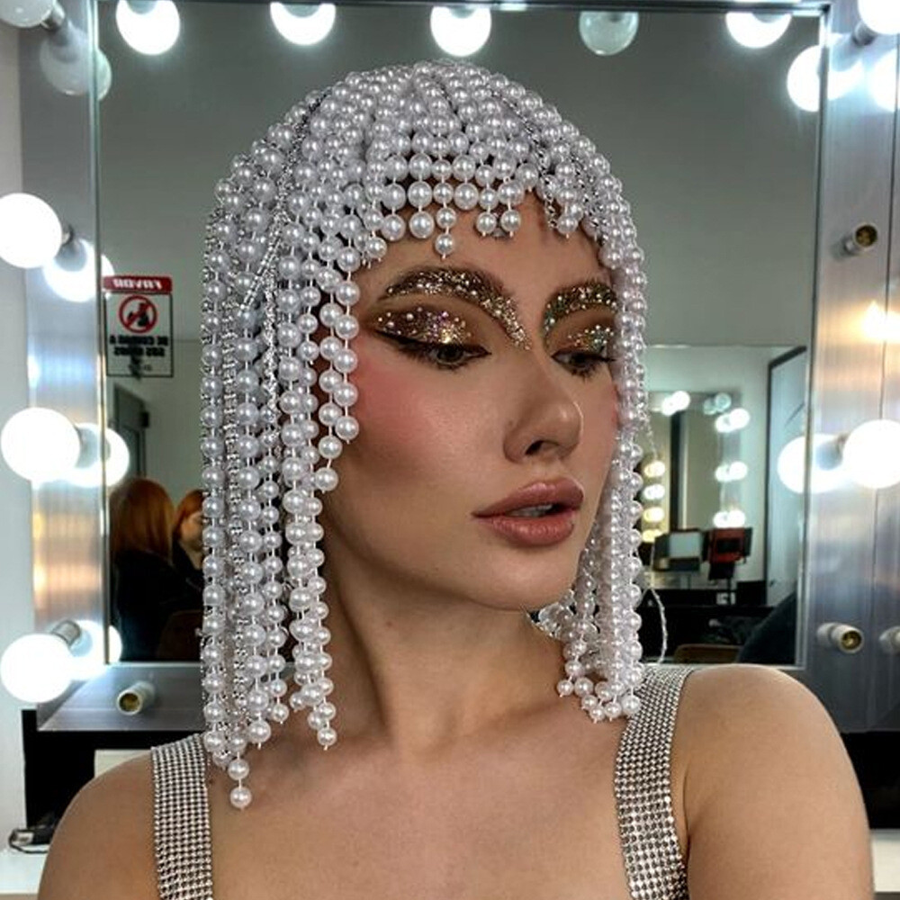 Women Long Tassel Headpiece Stage Party Nightclub Pearl Chain Headwear Prom