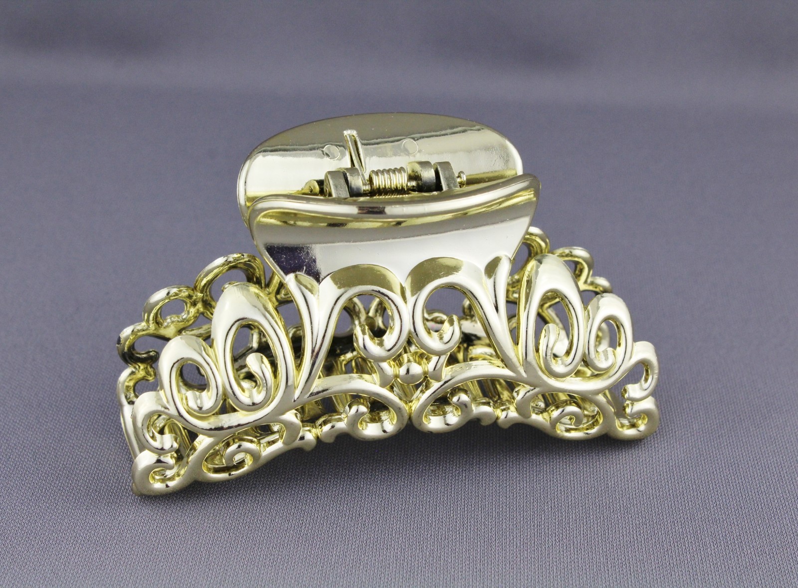 Gold shiny hair clip plastic 3 5/8″ long big barrette claw clamp scroll cut out