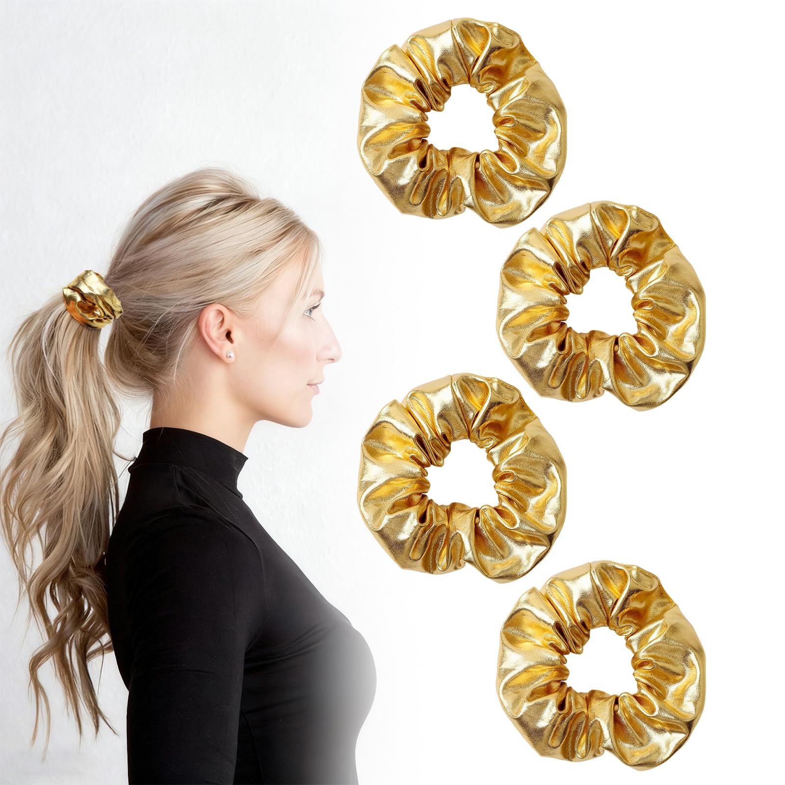 4 Pcs Gold Hair Scrunchies, Shiny PU Leather Hair Ties for & Girls, Elastic G…