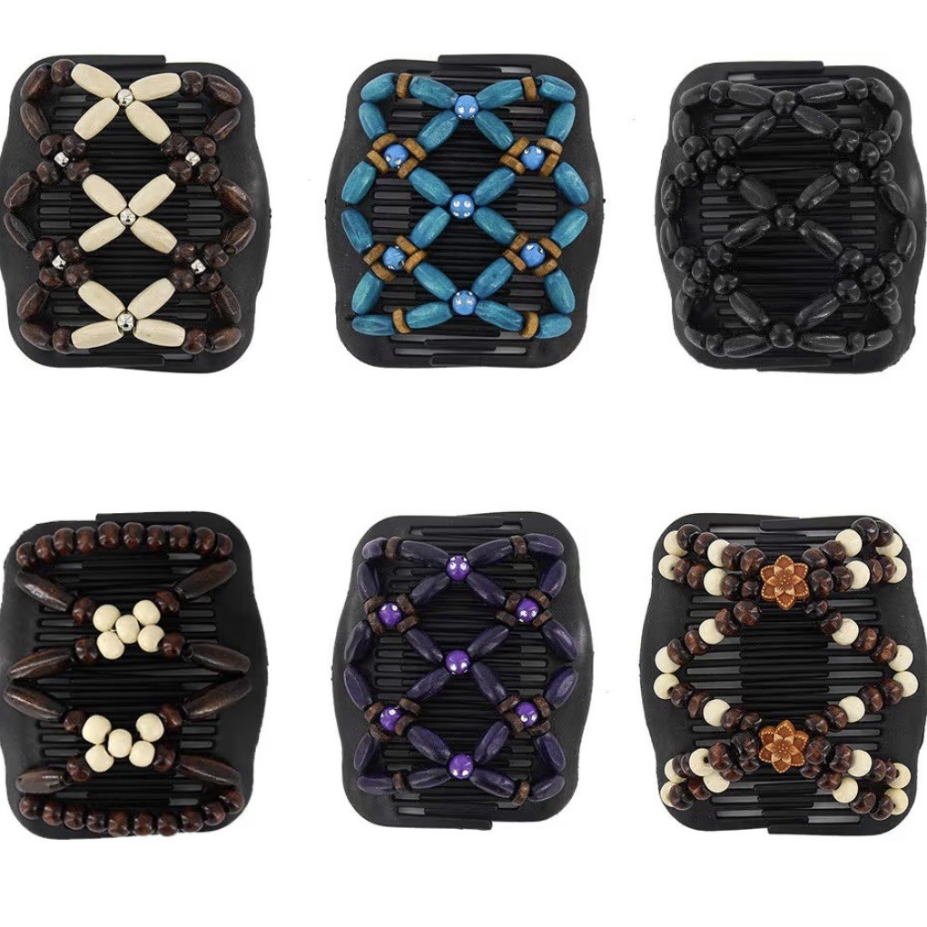 Magic Hair Side Combs For Women Wood Beaded Stretch Double Clips Bun Maker Hair