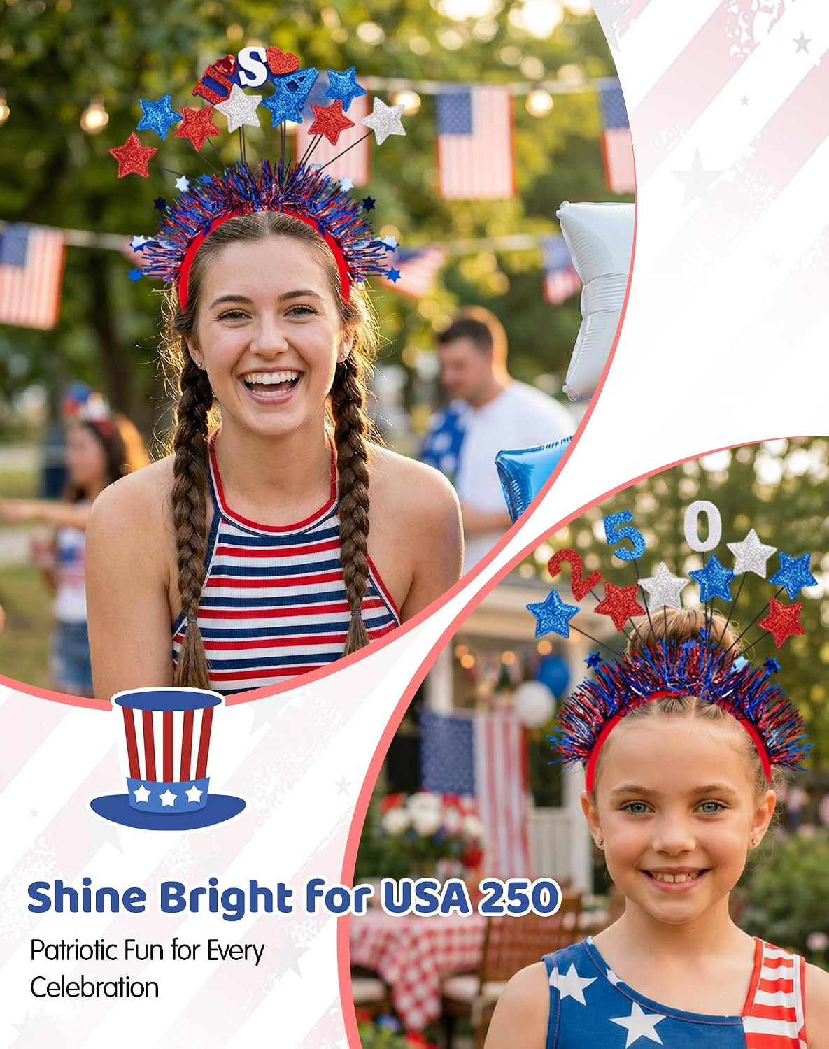 4Th of July Headband, Patriotic USA Hair Accessories Red White Blue Star Tinsel