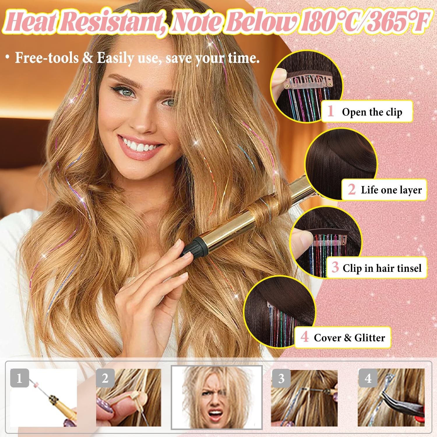 Hair Tinsel Clip in Dreamy Colorful Fairy Hair Tinsel Kit, 12 Pcs 24 Inch Glitte