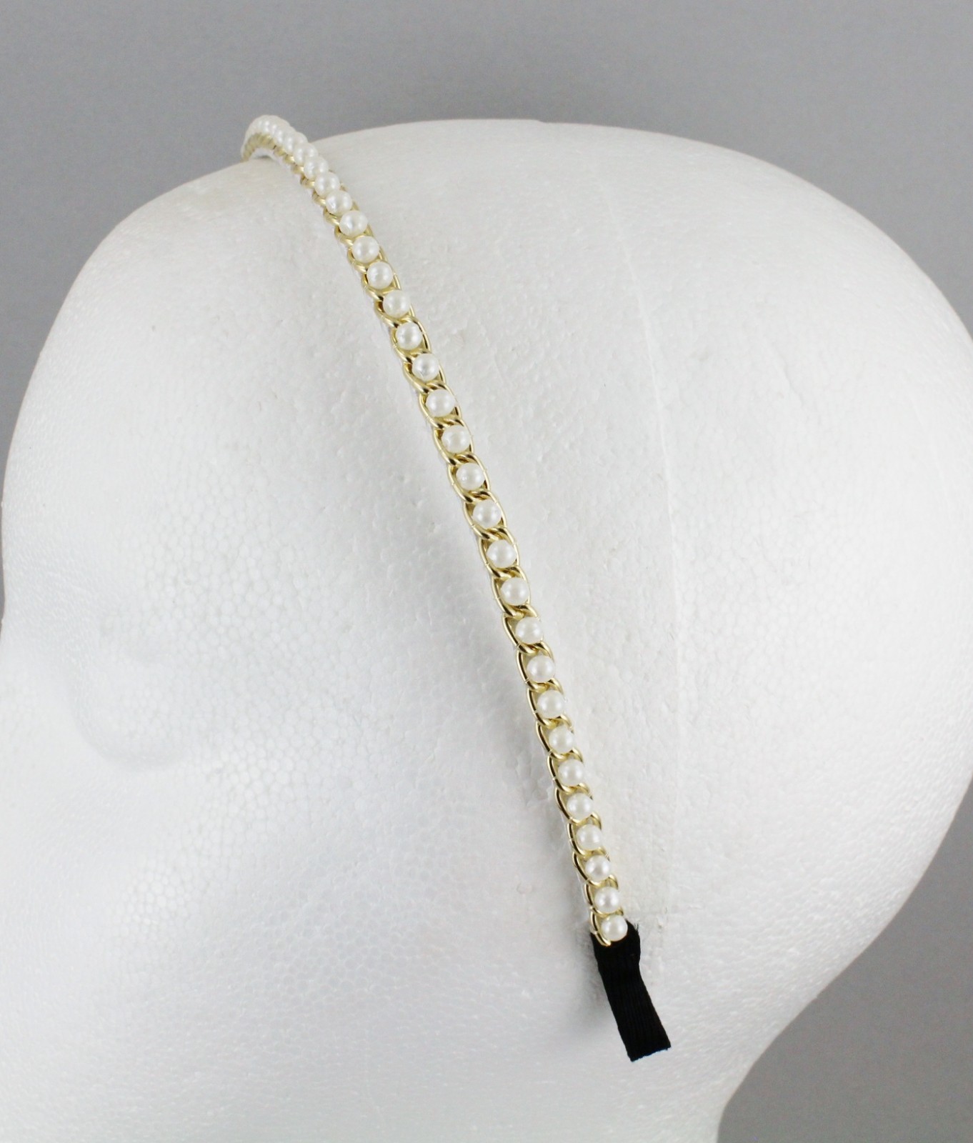 White faux pearl headband gold chain link thin skinny hair band accessory