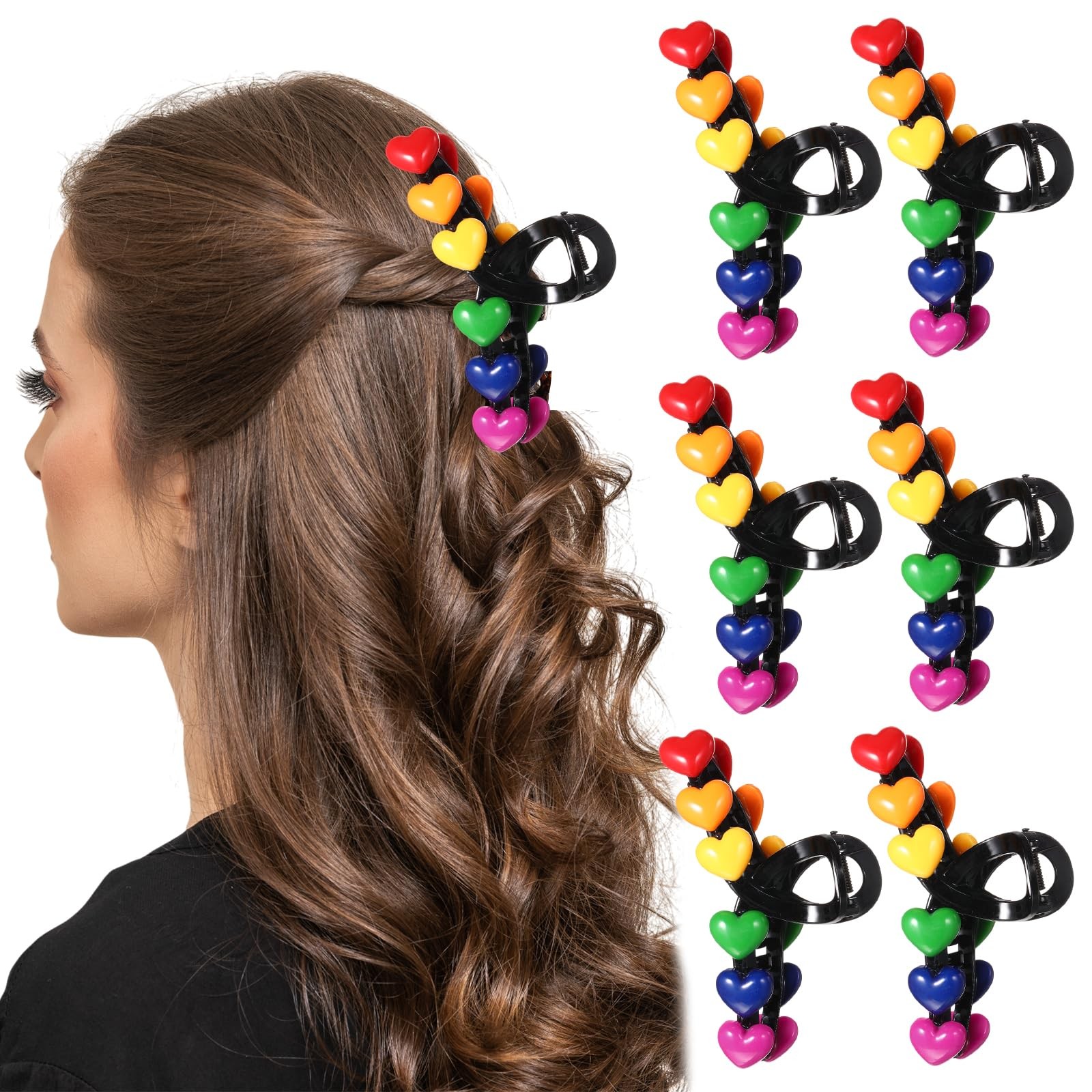 Yuxung 6 Pcs Rainbow Heart Hair Clip Claw Clips 1 Count (Pack of 6), rainbow