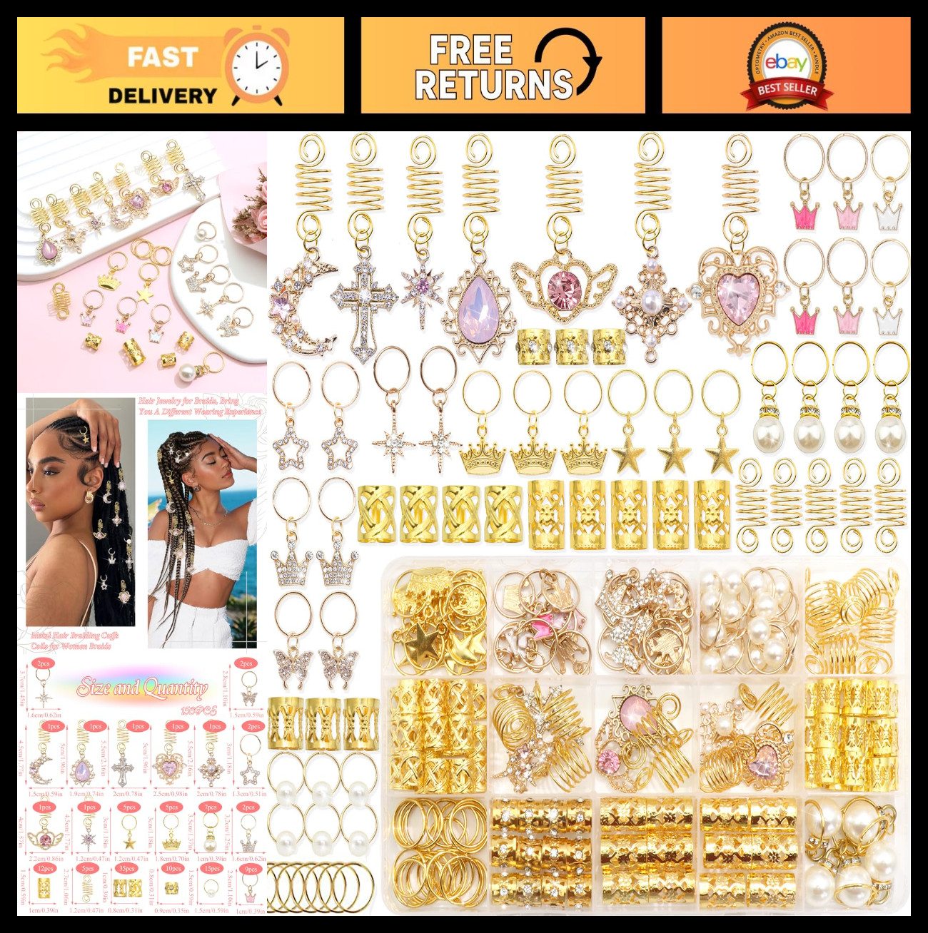 156Pcs Pink Crystal Dreadlocks Jewelry, Gold Hair Cuffs & Rings, Braids Decor