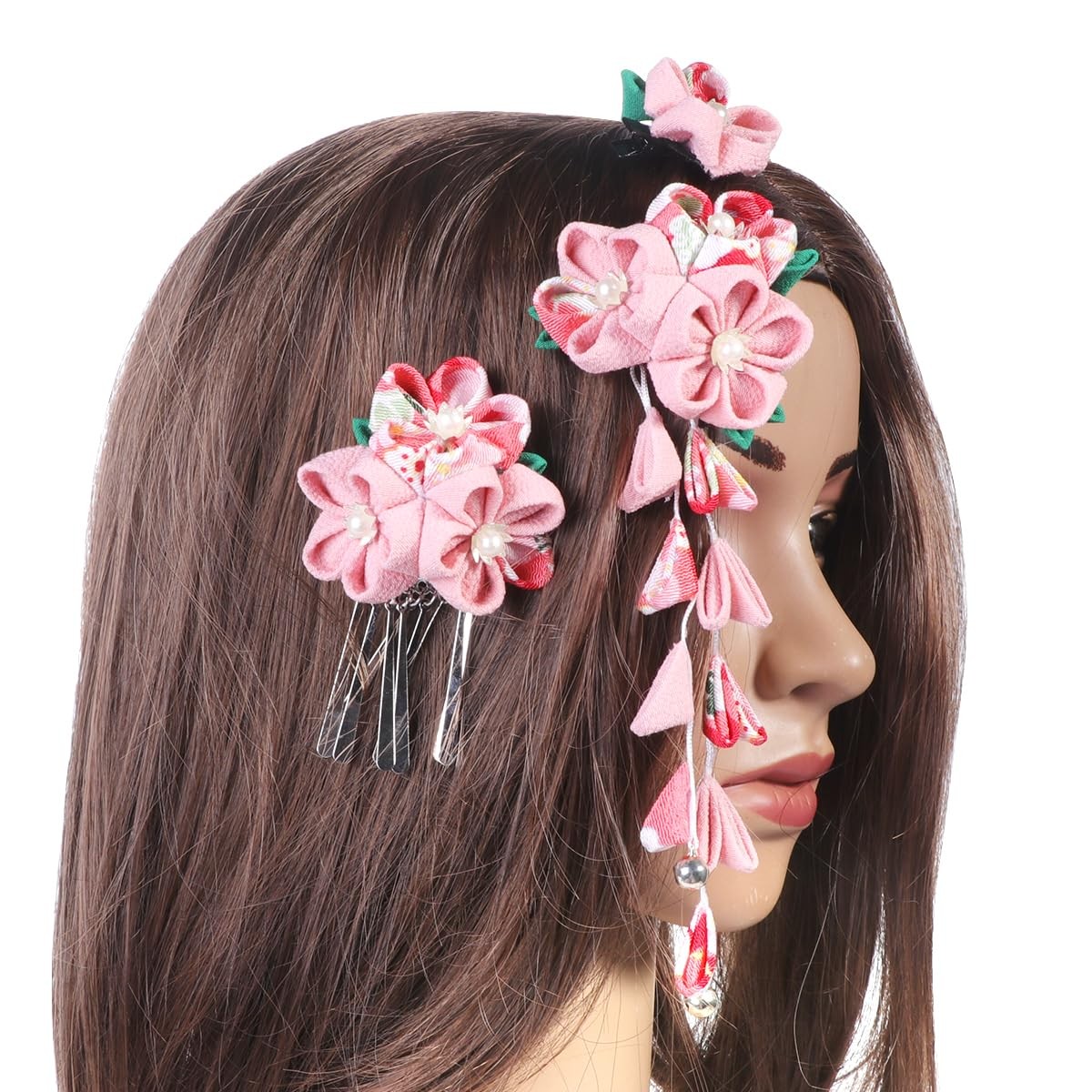 Japanese Kimono Flower Hair Clips Tassel Hairpins Pink Metal Accessories 3 PCS