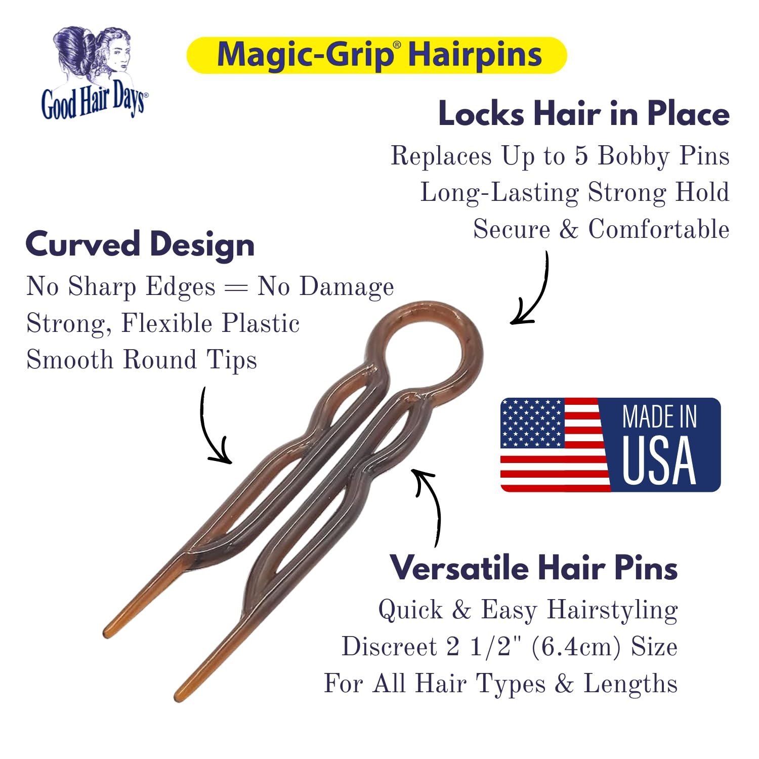 Good Hair Days Magic-Grip Hairpins 2.5″ U-Shaped – Strong Hold for All Hair Type