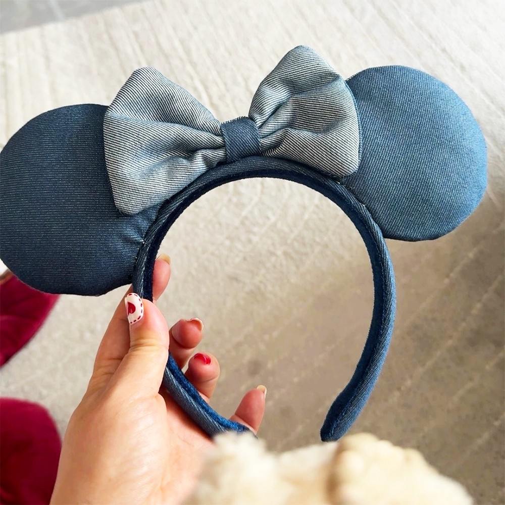 Disney Parks Stripe Denim Navy Blue Minnie Ears Bow Headband Disneyland Gifts