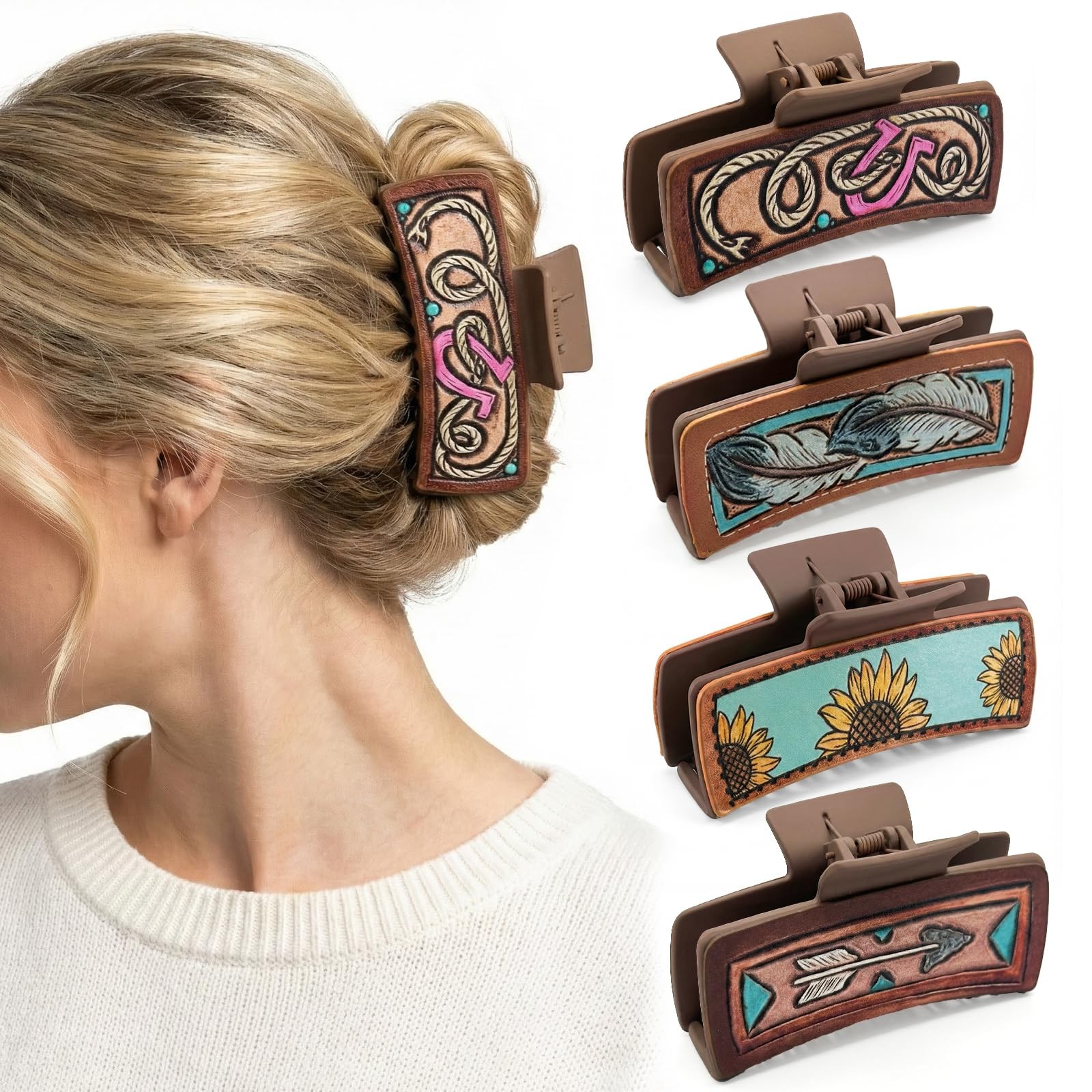 Mtiyoose 4 Pack 4.1″ Western Leather Hair Clips 1 Count (Pack of 4), Brown