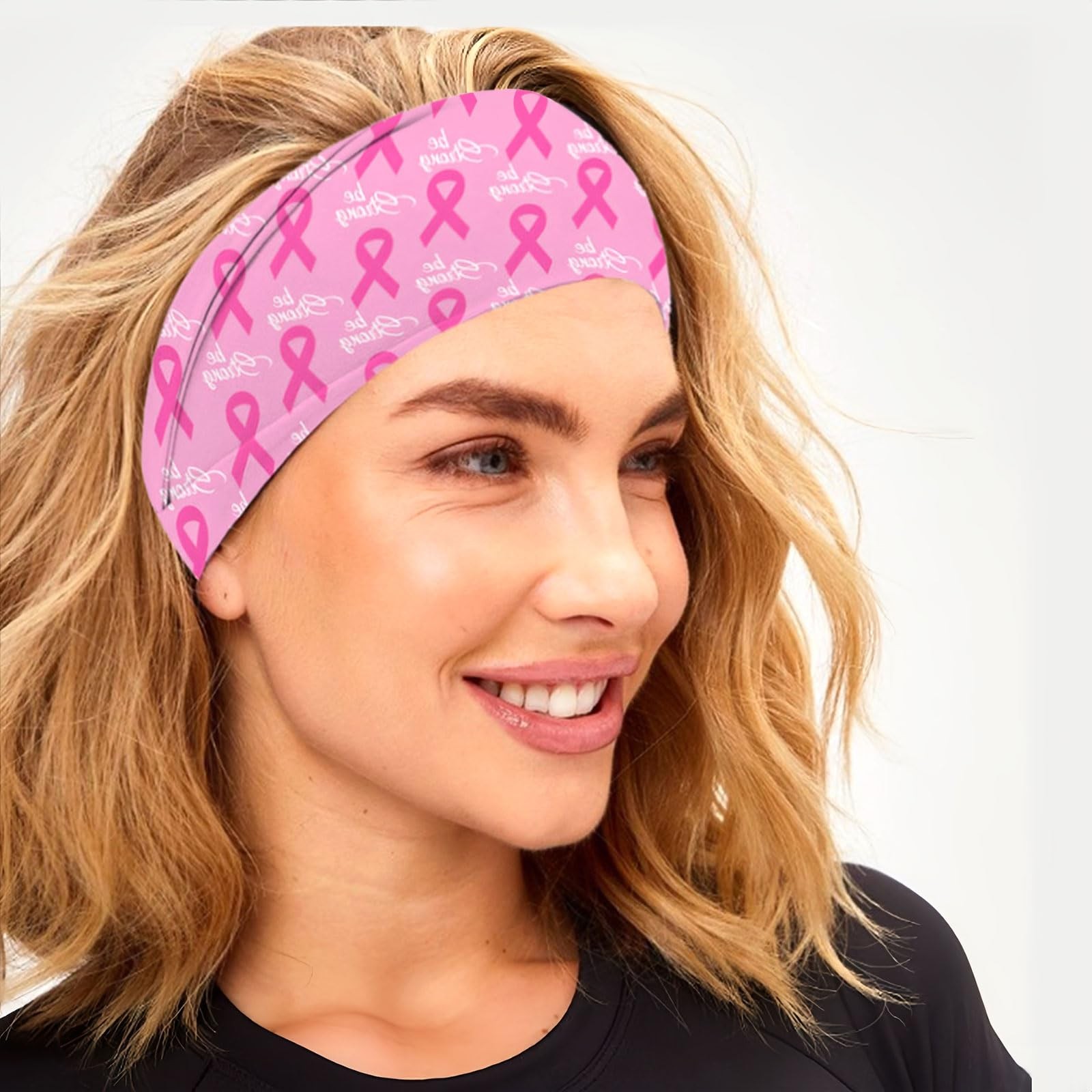 5 PCS Pink Ribbon Breast Cancer Awareness Headbands Elastic Wide Hair Band