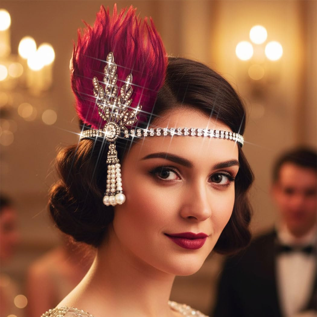 1920S Flapper Feather Headpiece Leaf Rhinestone Headband Roaring 20S Headwear…