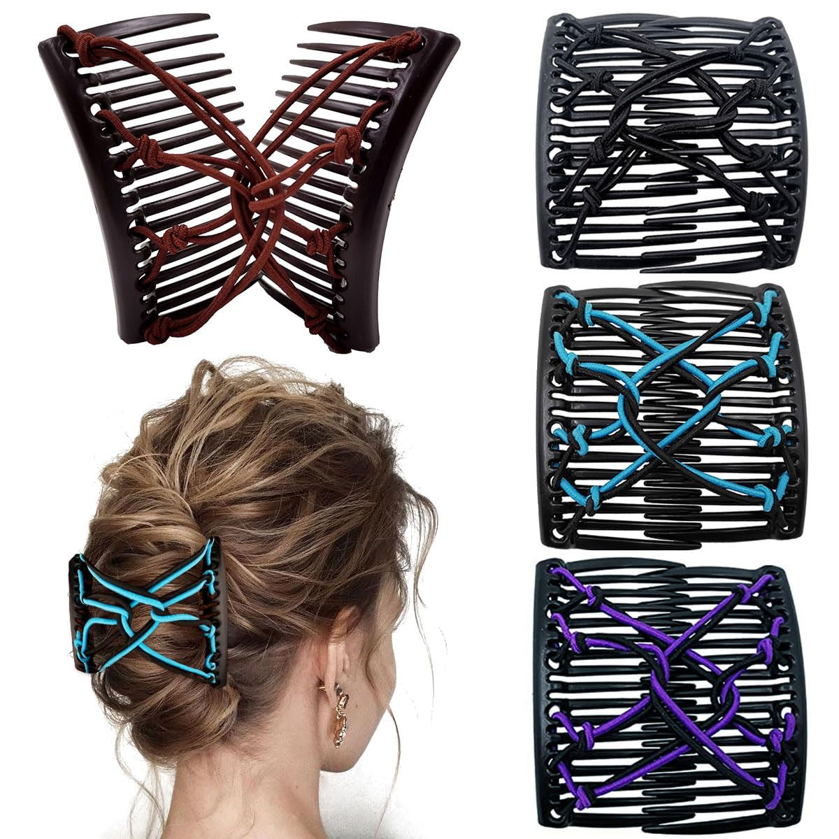 4 Pieces Elastic Beaded Magic Hair Comb Stretchy Double Comb Hair Fork Clips No