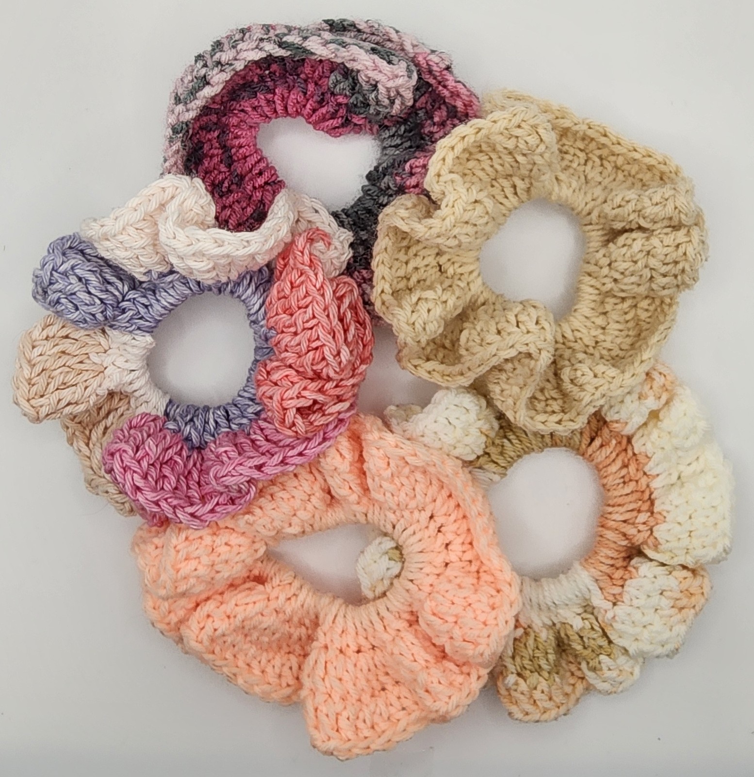 Handmade Crochet Scrunchie Set Lot of 5 Hair Ties Pink Tan Blue Peach