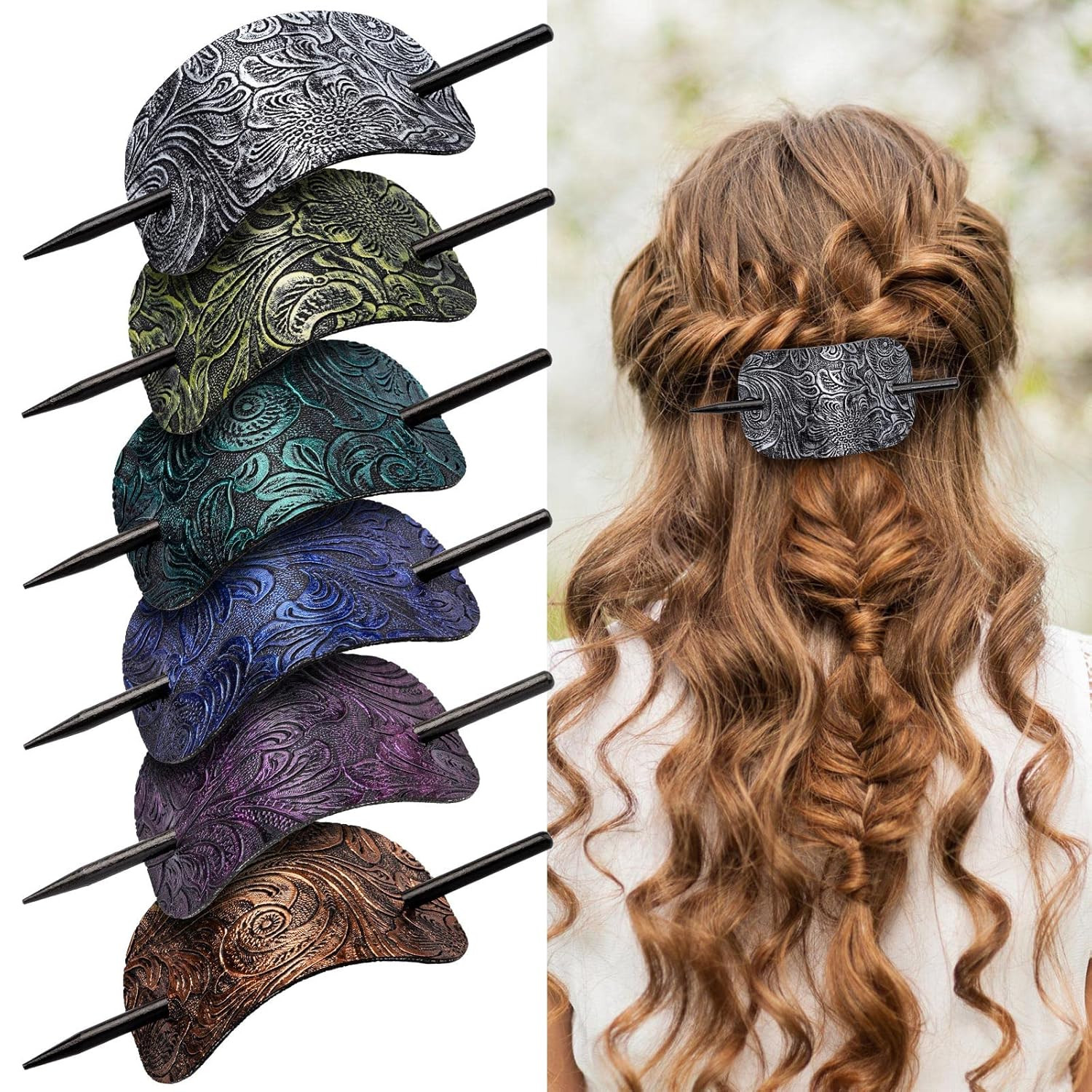 6PCS Leather Hair Barrettes with Stick, Square Shape Hair Accessories Set – Pony