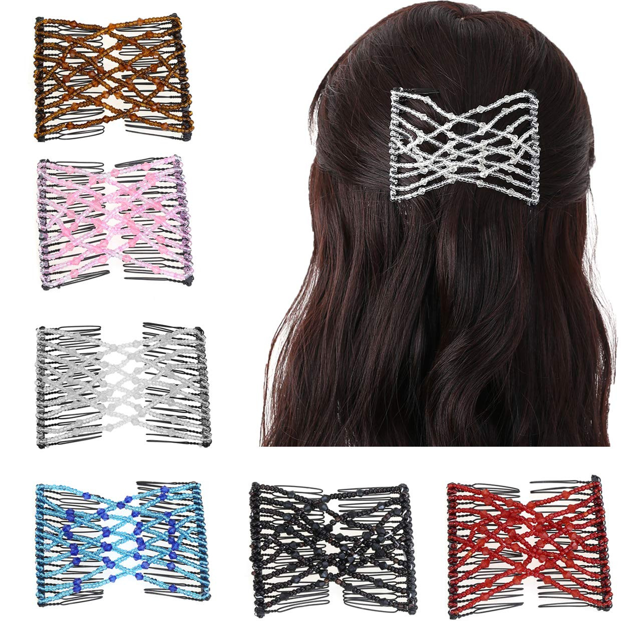 6 Pcs Magic Hair Comb Elastic Beaded Hair Clips Women Decorative Accessories,Bri