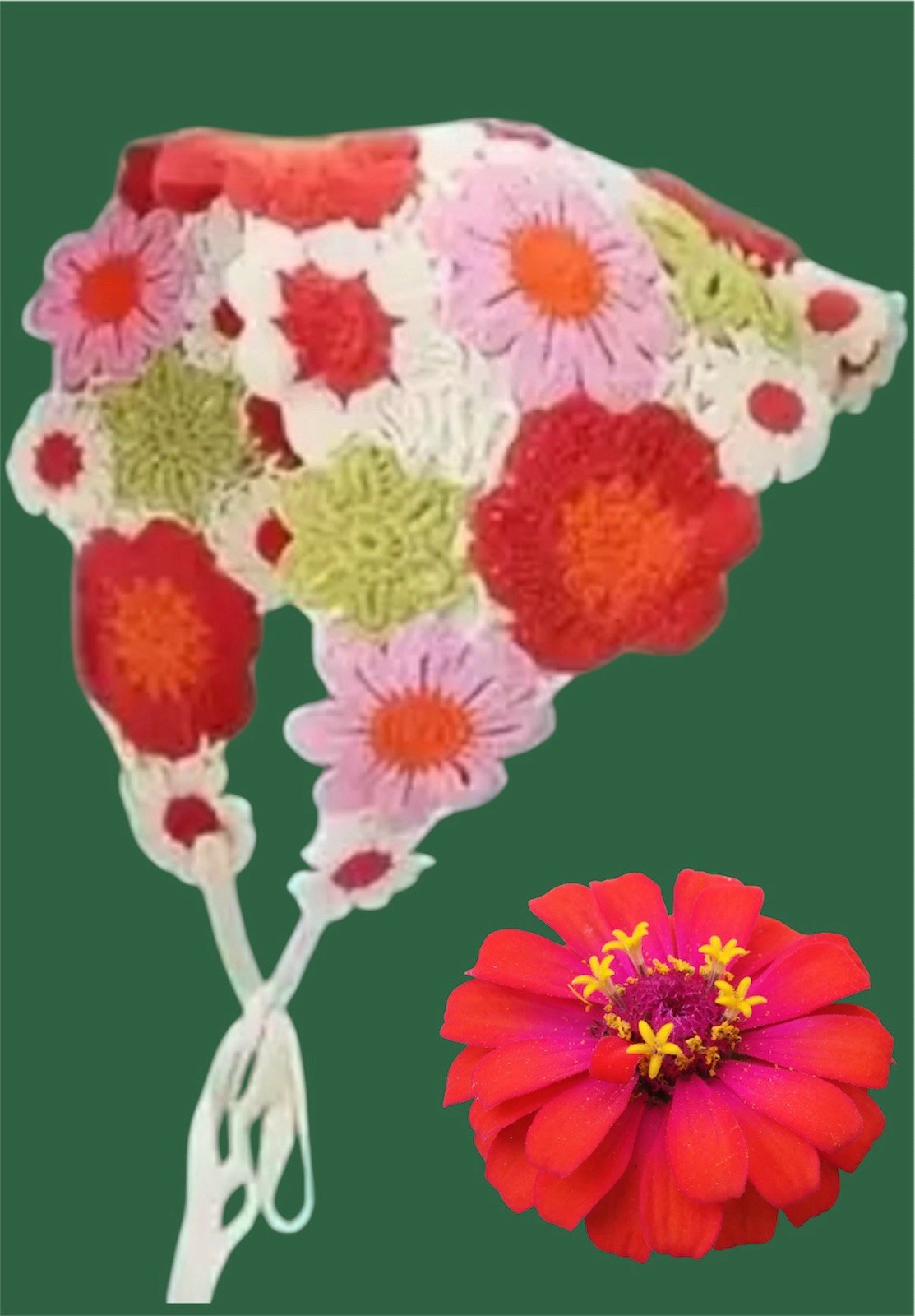 Crochet head scarf hair accessory wrap bandana Red Pink White Floral Bouquet new