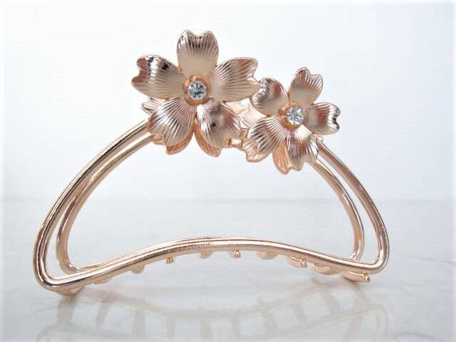 Bronze rose gold silver tone metal hair claw clip with crystals and flowers