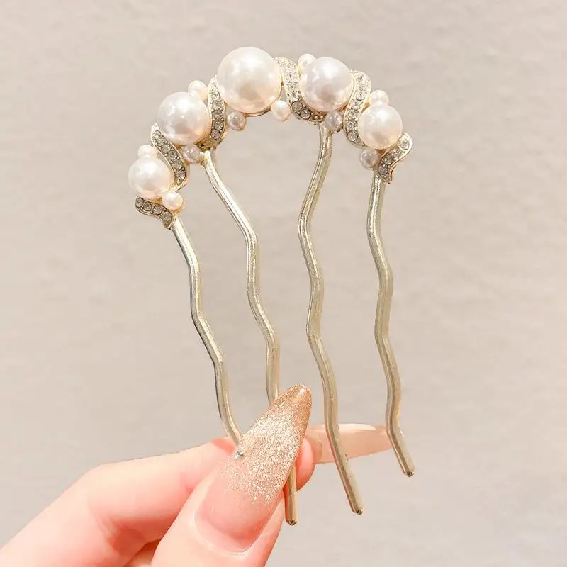 Metal U-shaped Hair Fork Combs Pearl Tassel Sticks Clip Hairpins for Women