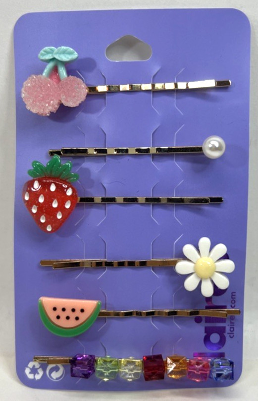 Claire’s Summery 6-Piece Bobby Pin Set Fruits Flowers & Jewels NIP