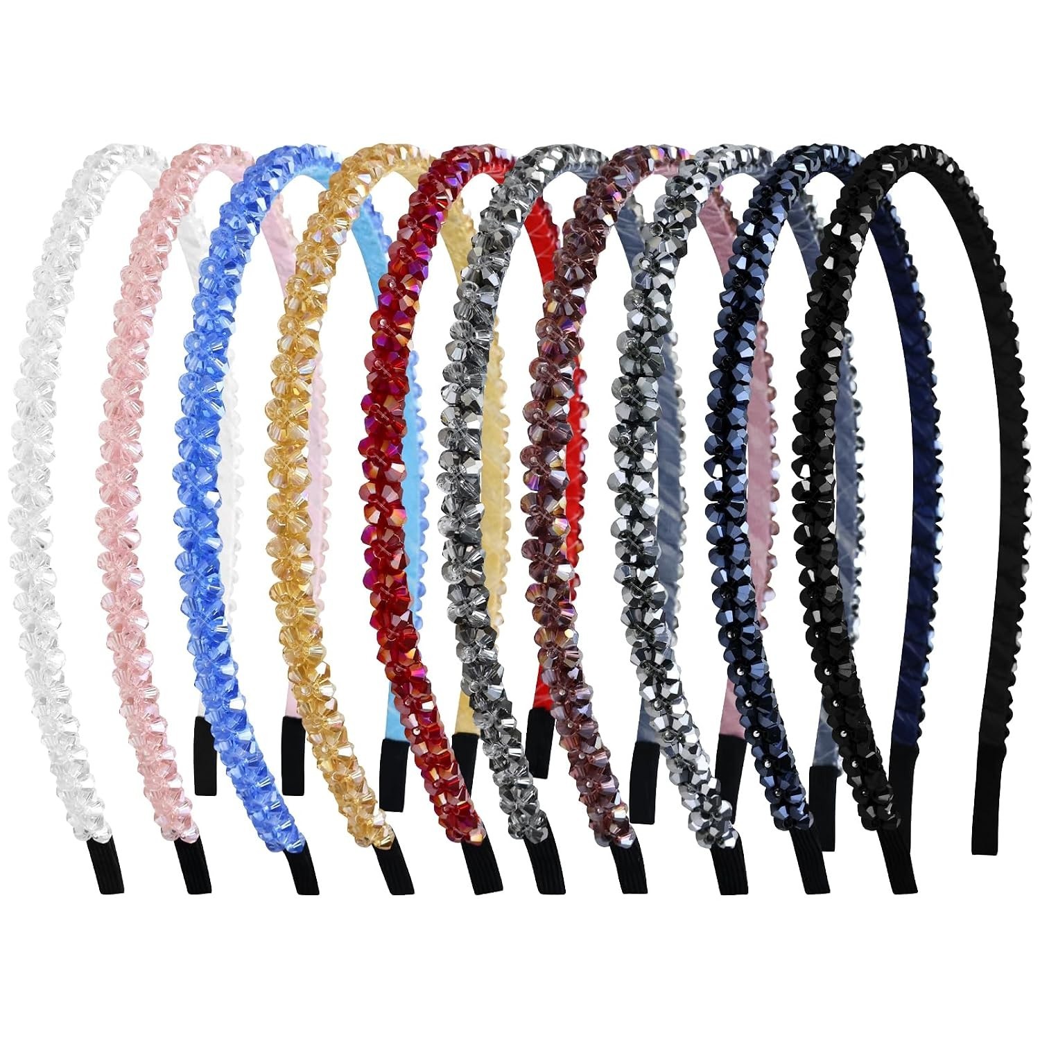 10 Pack Rhinestone Headbands – Sparkly Beaded Headbands with Crystal, Glitter Rh