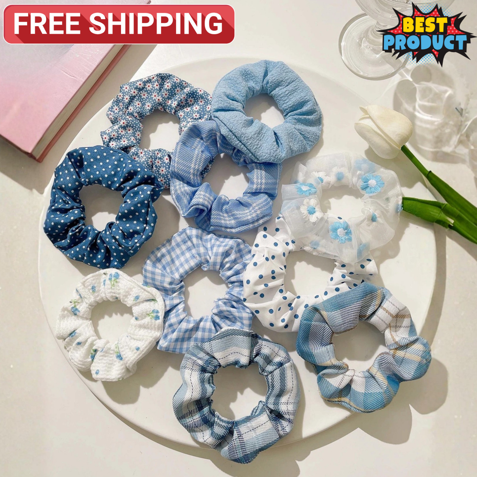 10pcs Women Plaid & Floral Pattern Scrunchies Casual Hair Ties Scrunchy Tie Band