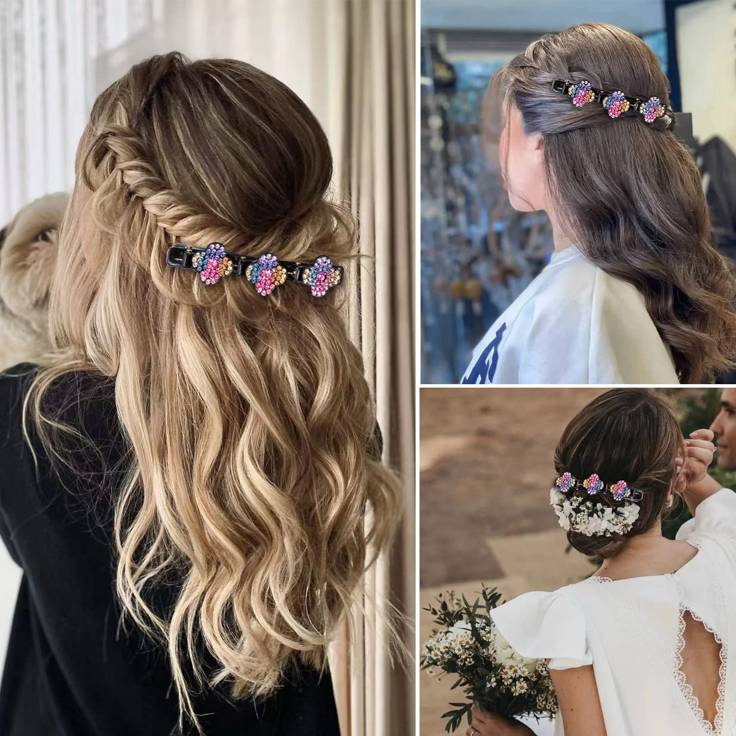 8 Pcs Sparkling Crystal Stone Braided Hair Clover Clips for Thick Thin Hair*NEW*