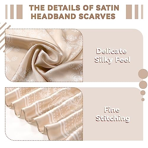 4 Pcs 27” Square Satin Bandanas for Women, Paisley Green, Black, Brown, Camel
