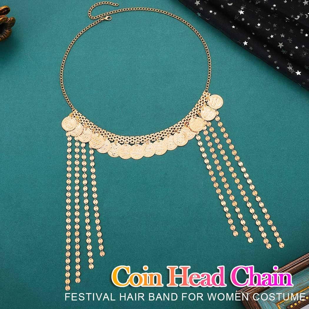 Aukmla Coin Head Chain Gold Headpiece Sequin Tassel 1 Count (Pack of 1),