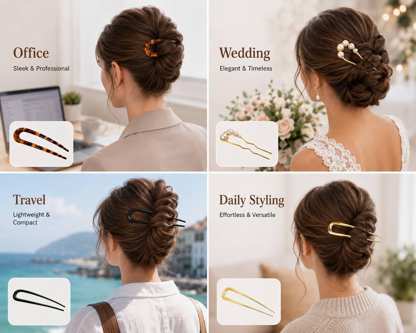 14 Pcs U-Shaped Pearl Hair Pins for Bun & Updo, Decorative Styling Forks, All Ha