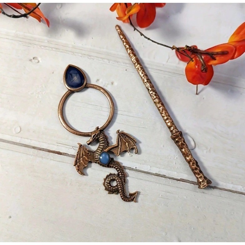 Retro Dragon Hair Slide Stick Set Bronze Blue Stone Gothic Fantasy Hair Clip