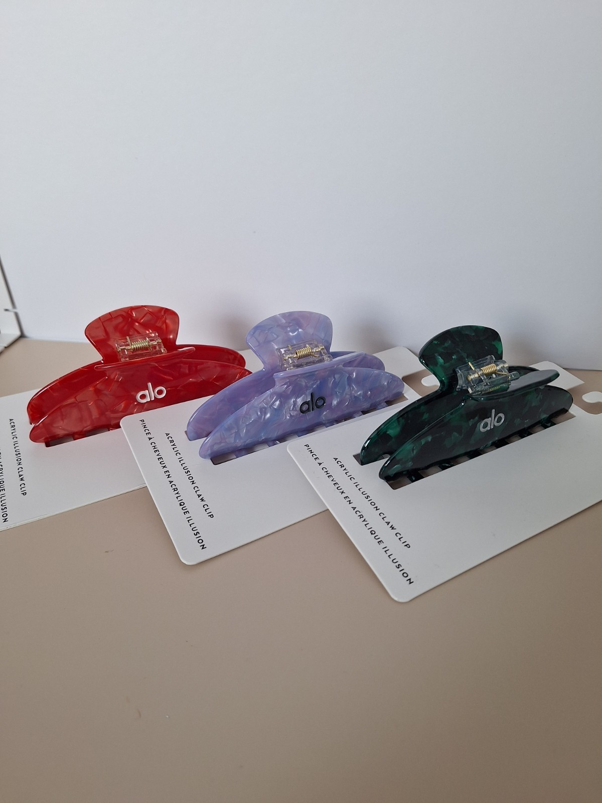 3 Alo Acrylic Illusion Hair Claw Clips Set of 3 Purple White Pink