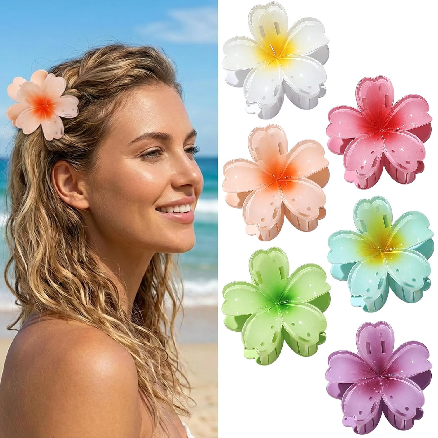 Hawaiian Flower Hair Claw Clips – 6 Pcs for All Hair Types, Strong Hold