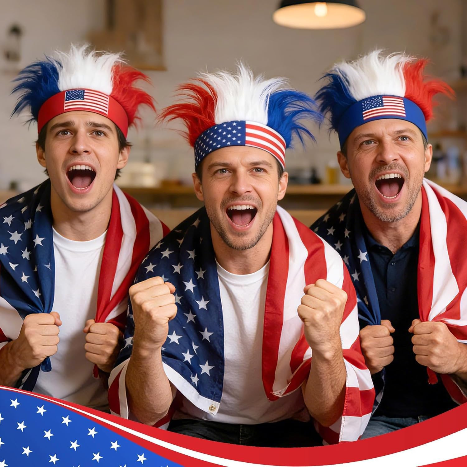 3 Pcs Patriotic Hairy Headband for Adults, 4Th of July Hair Accessories USA Wig
