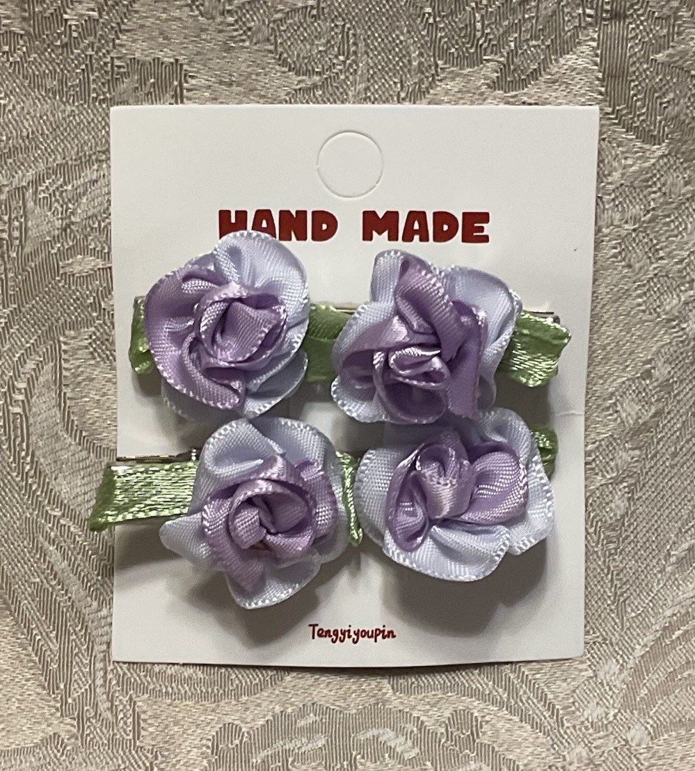 White Purple Satin Rose Flower Hair Bang Clips 2 pcs Accessory Decoration Set