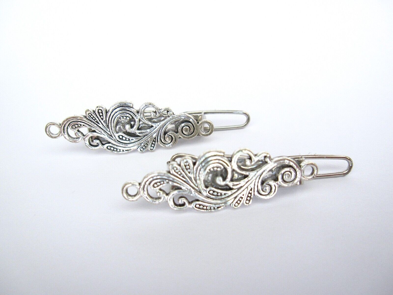 2 extra tiny small silver metal filigree barrette hair clip fine thin hair