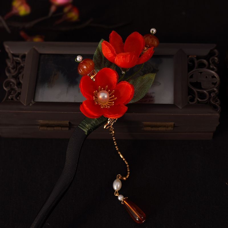 Plum Blossom Wooden Hair Stick Tassel Hairpin Hanfu Qipao Vintage Accessory