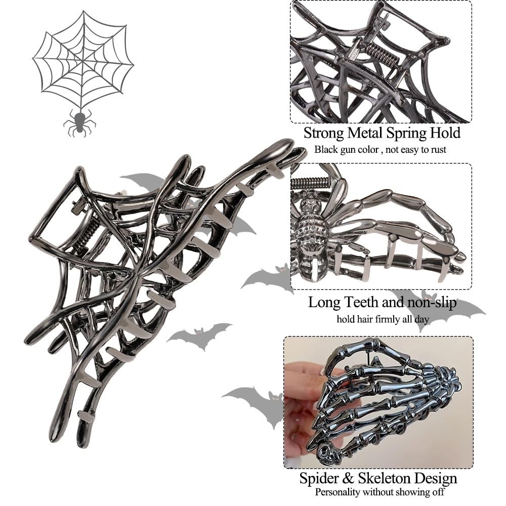3PCS Black Spider Web Skeleton Hand Skull Hair Claw Clips for Women And Girls