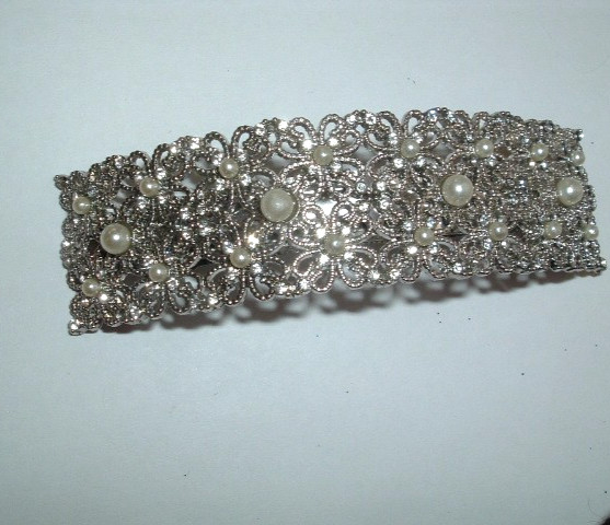 White Pearl White Rhinestone Beaded Silver Floral Hair Barrette