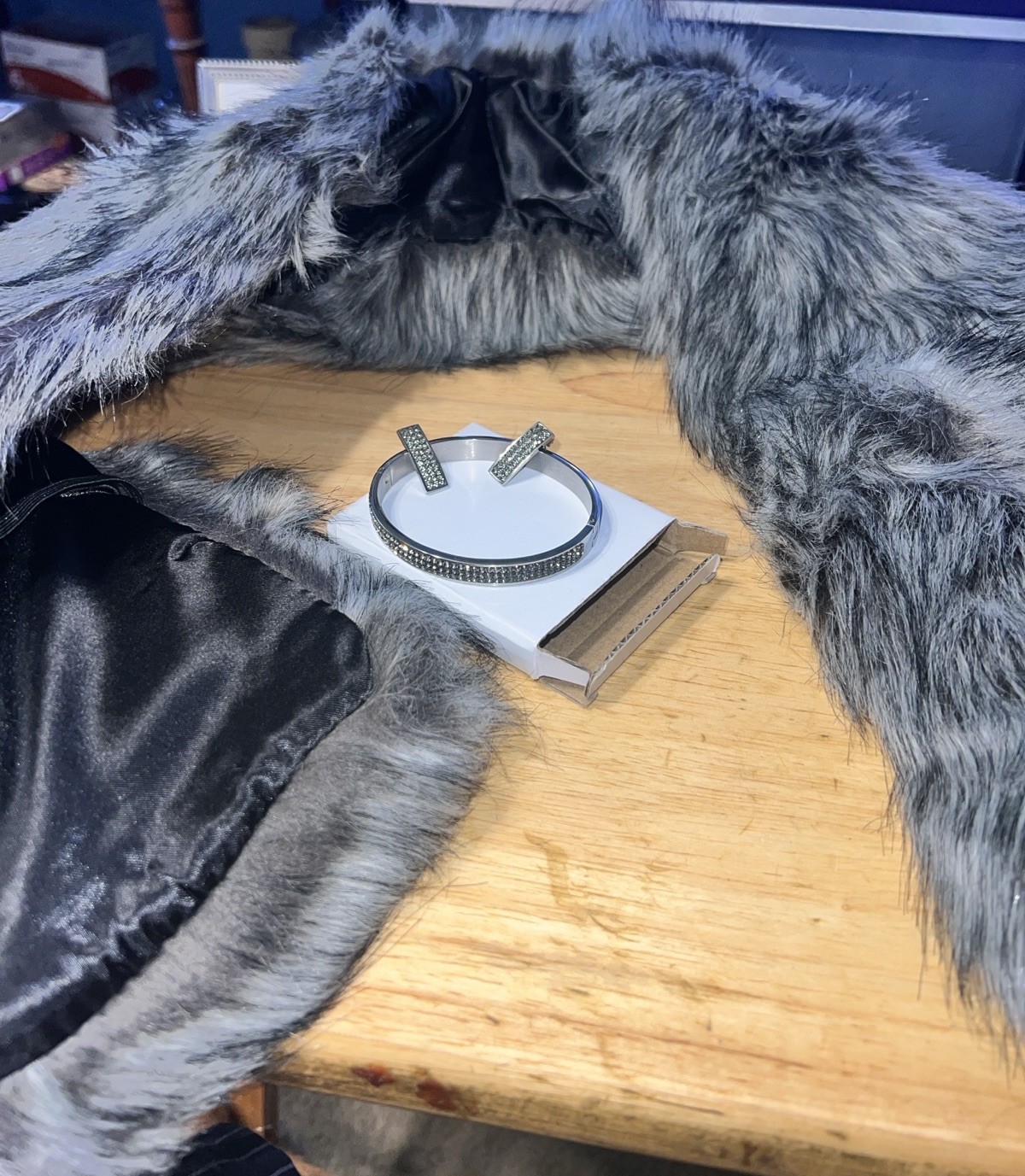Faux Fur Gray 40 Inch Long Stole Winter Accessory, Bracelet, and Earrings Set