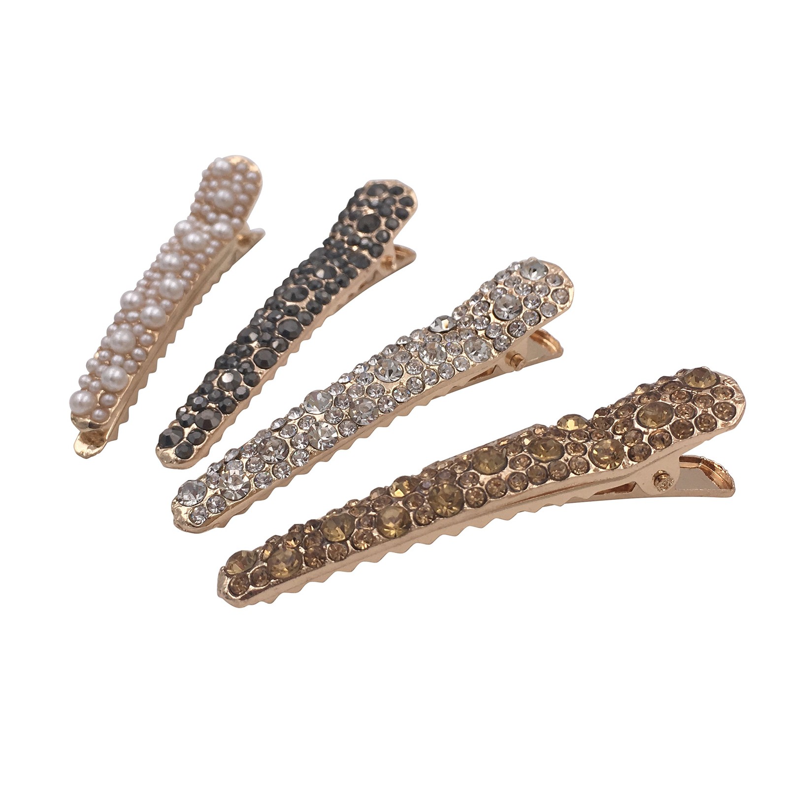 4 Gold Tone Rhinestone Crystal Pearl Beak Duckbill Alligator Clip Pin Hair