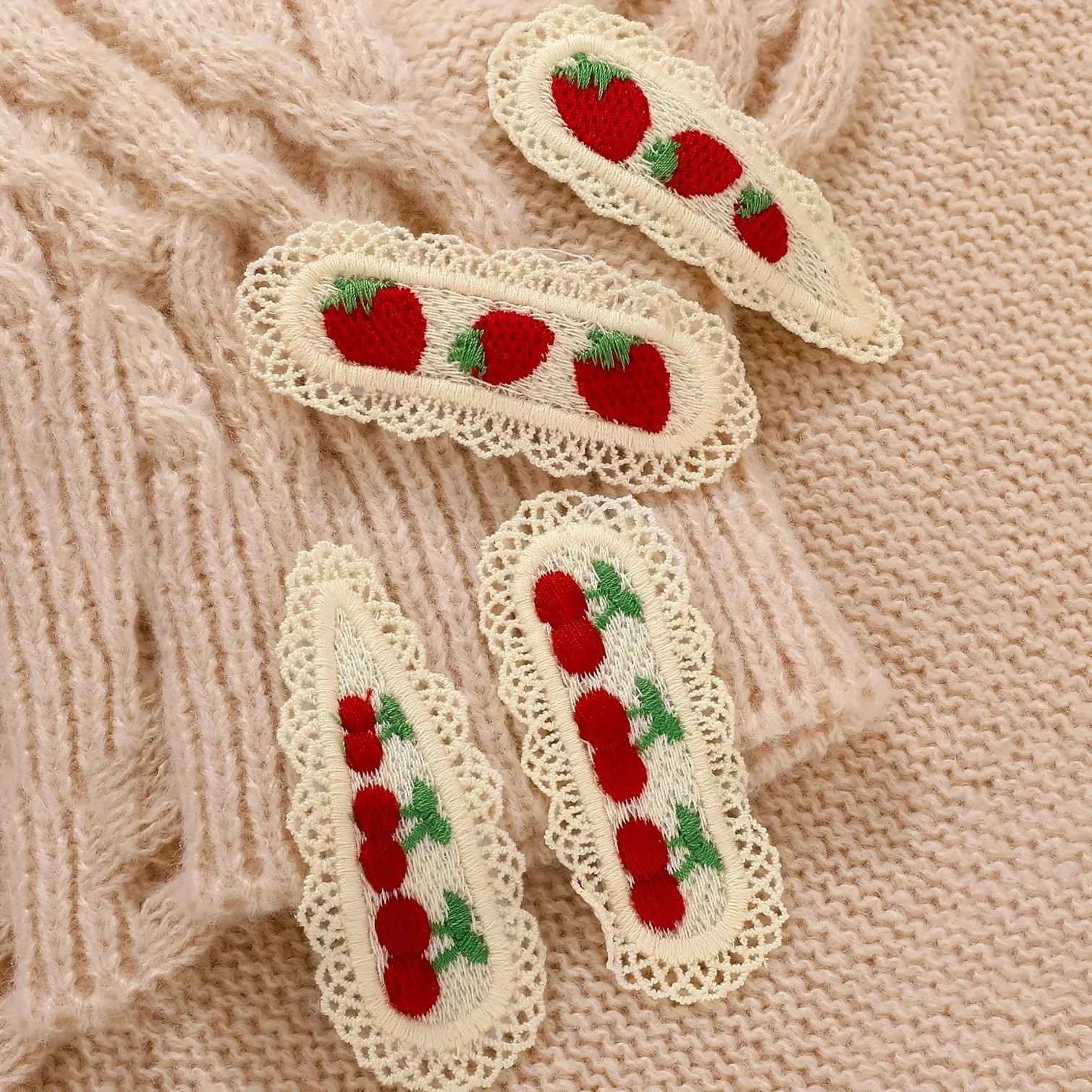 2Pcs Cute Hairpins, Colorful Knitted Cherry and Strawberry Hairpins, Lace Floral