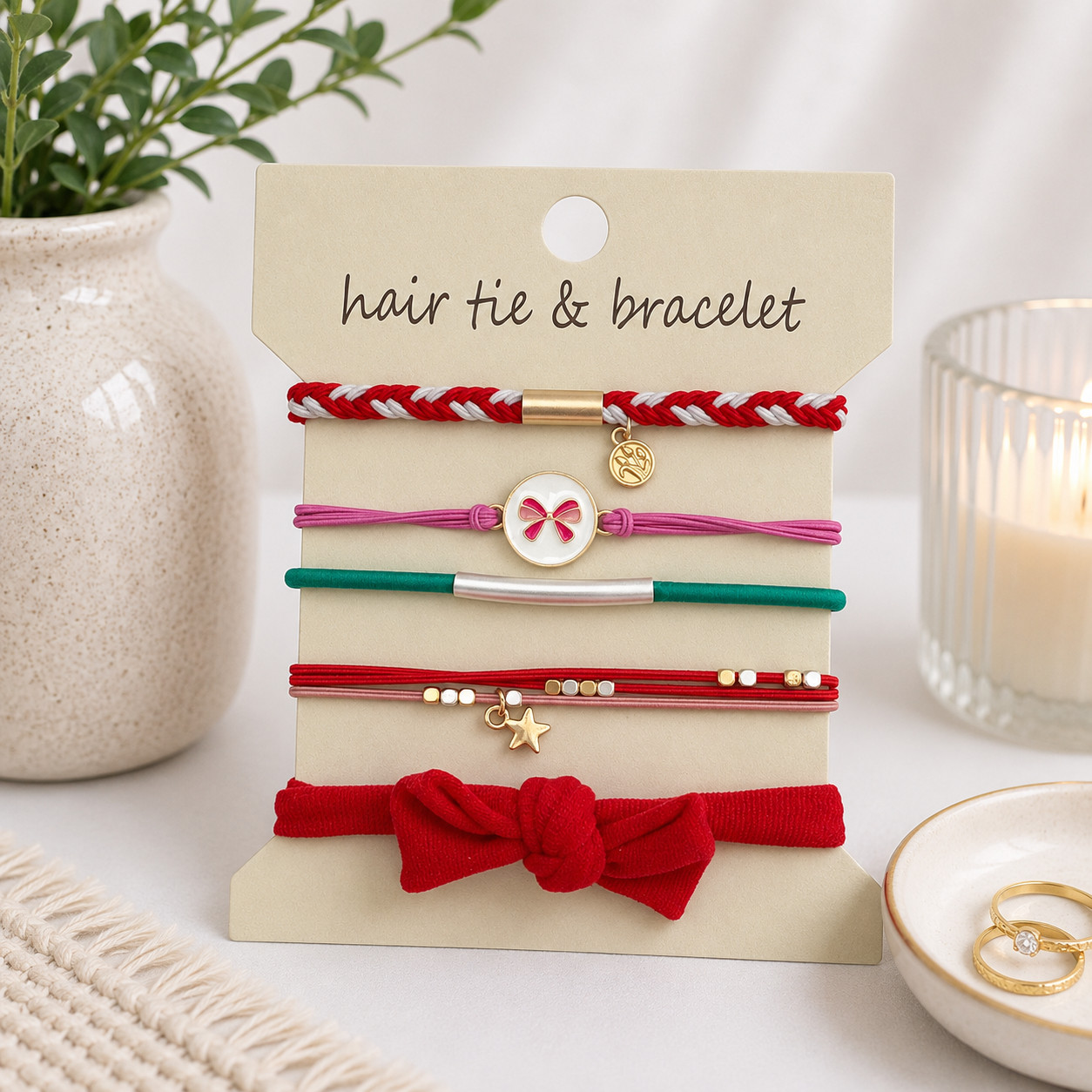 *NEW* Boho Hair Tie + Bracelet 5-pc Set – Gold Tree Charm – Stretchable – Multi