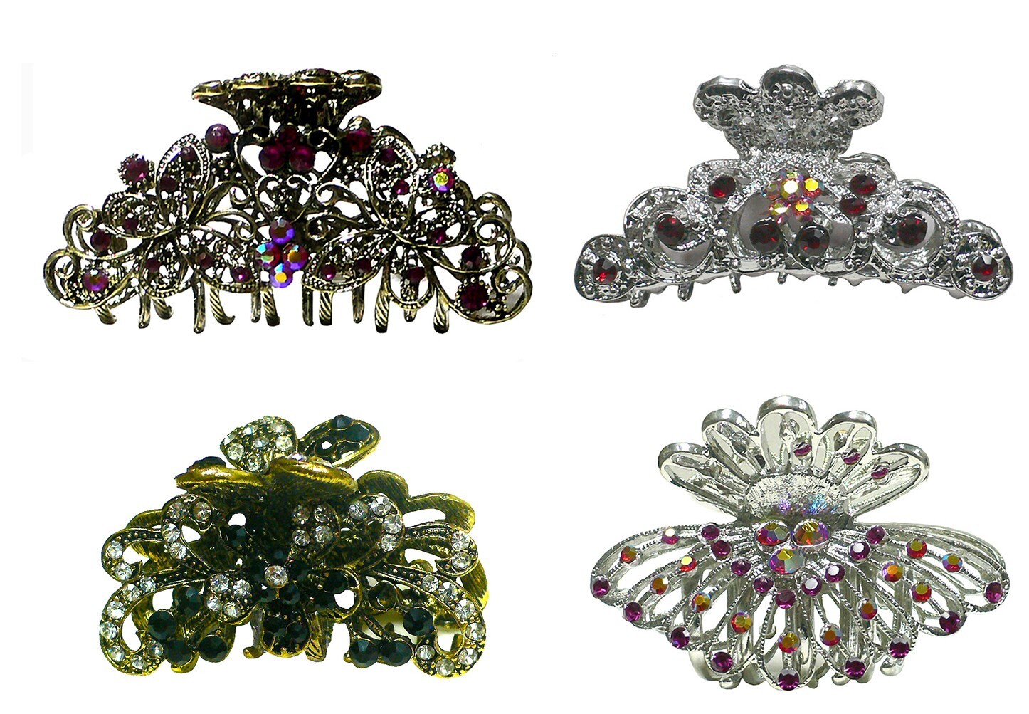 Set of 4 Bella Metal Crystal Jaw Clips Combo 4 Styles Hair Styling 6132-jet1-12