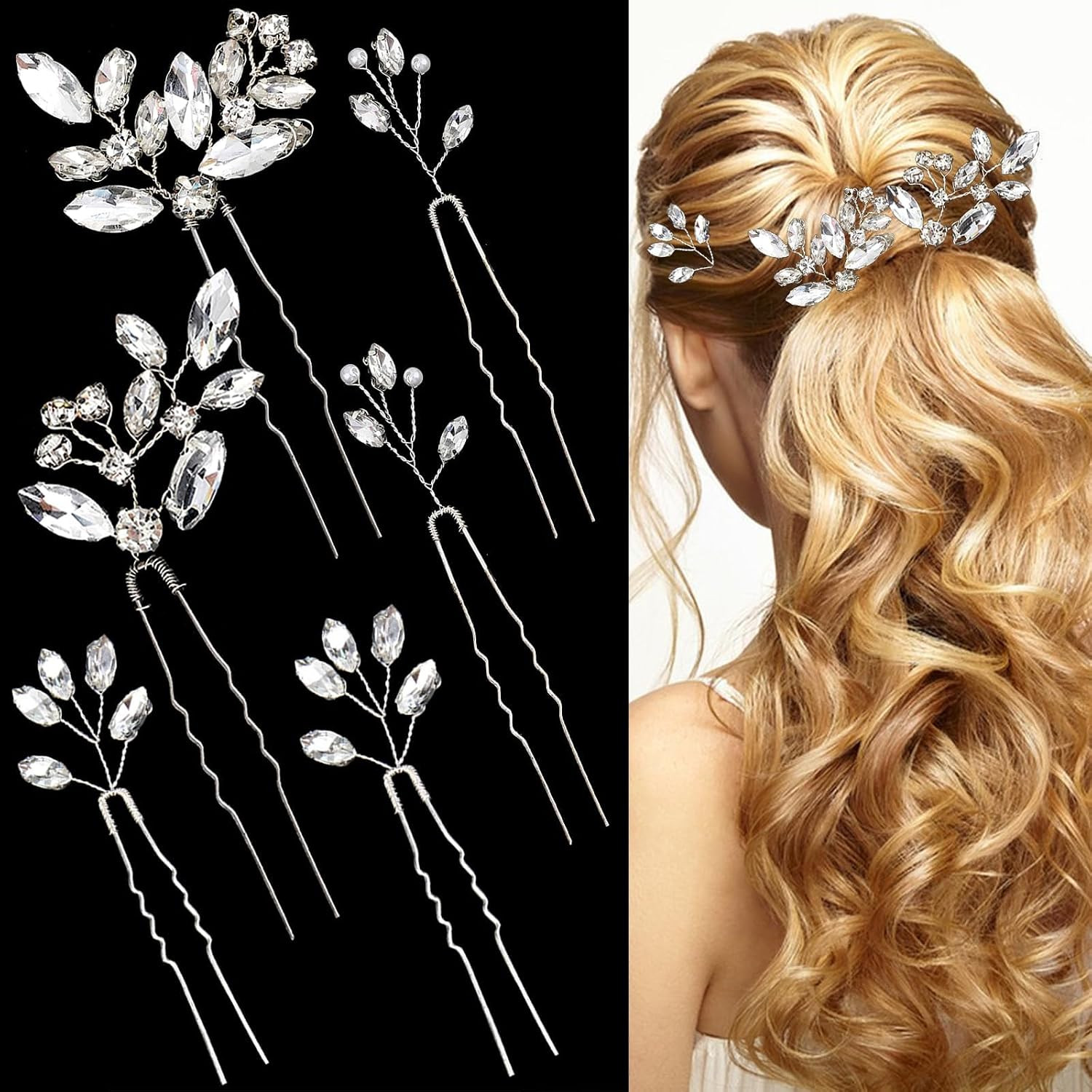 6 PCS Silver Bridal Hair Pins, Rhinestones Hair Accessories Crystal Wedding U-Sh