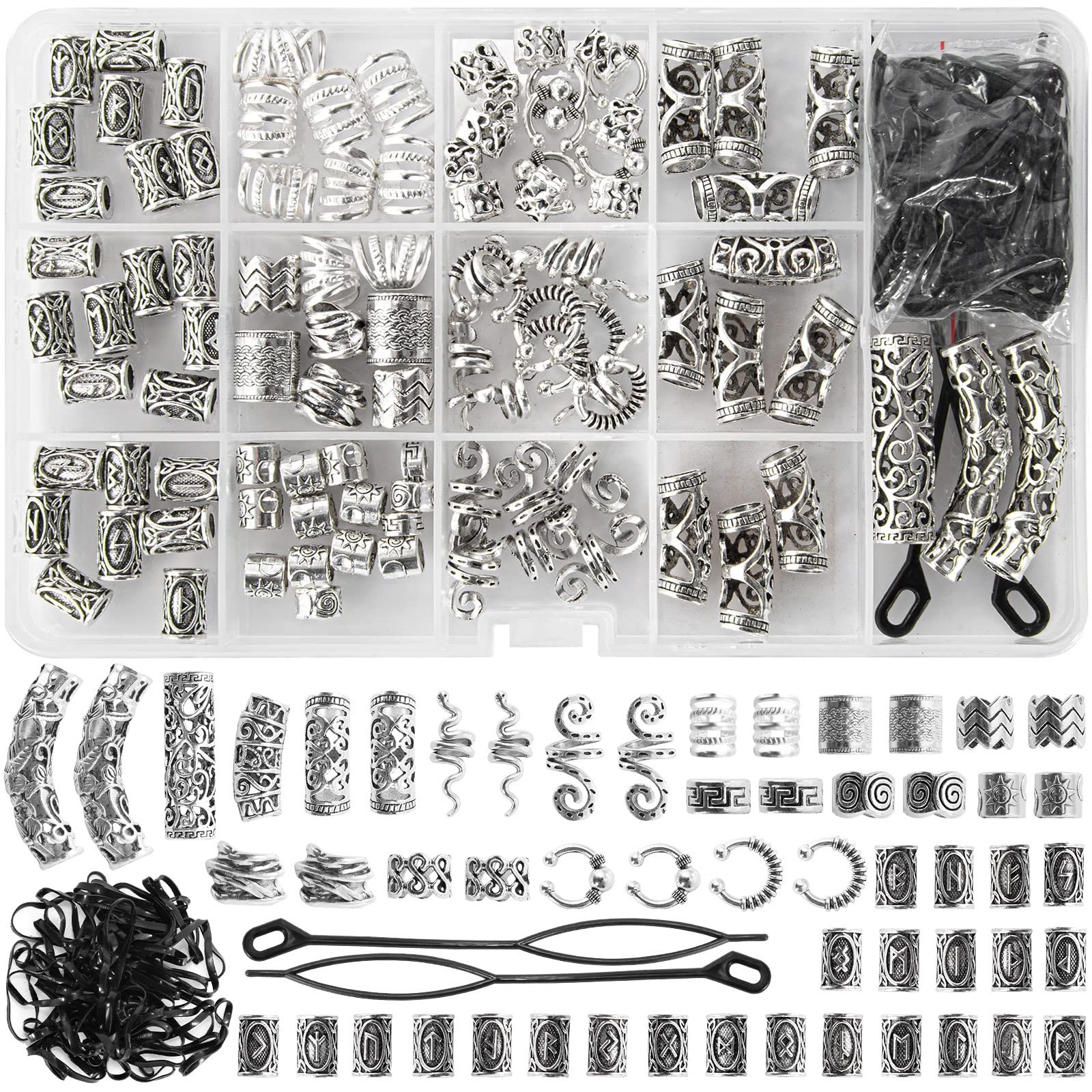 152PCS Vikings Hair Jewelry Norse Runes Tube Beads, Metal Clips Cuffs Rings, …