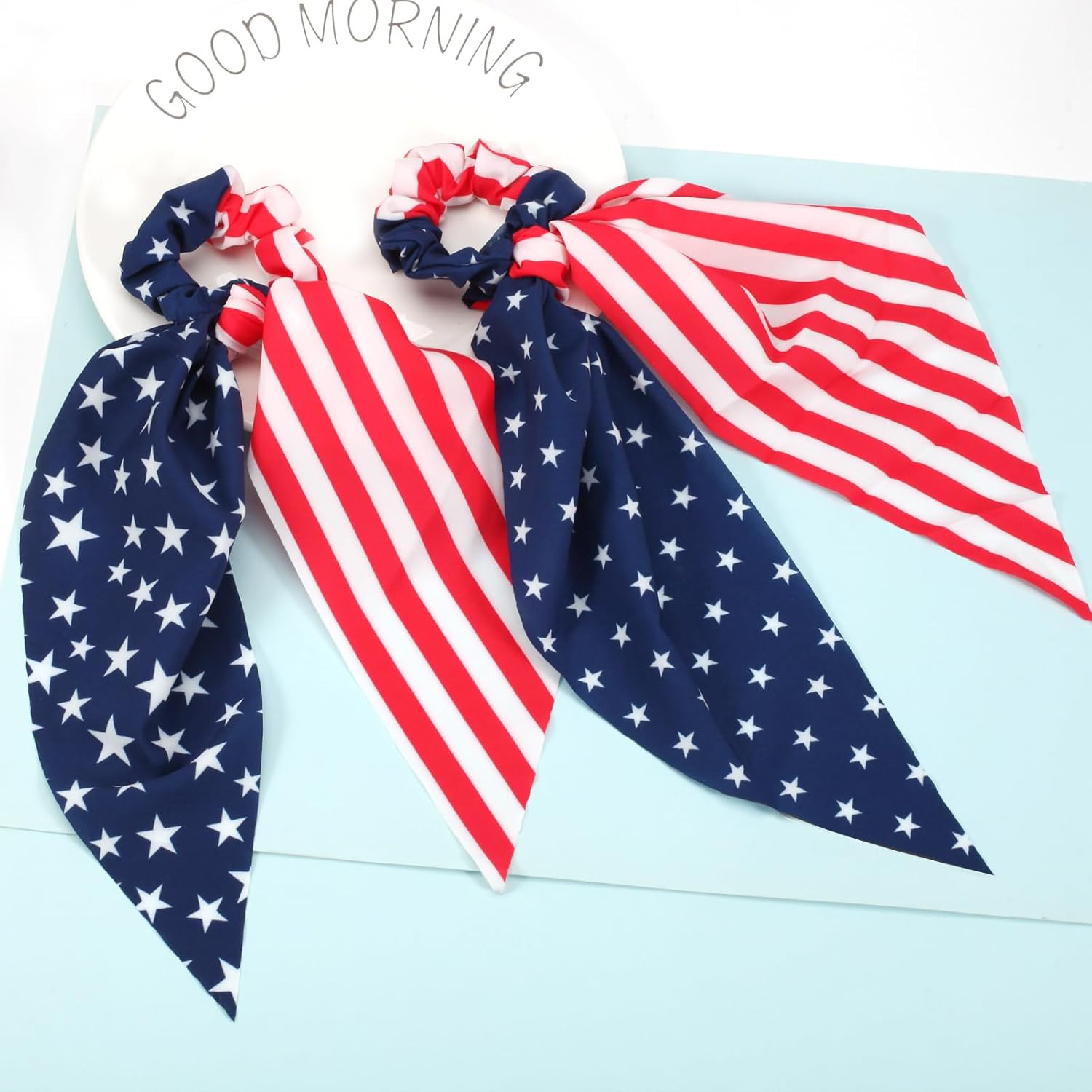 American Flag Hair Ties for Woman Girls Red White and Blue Ribbon Hair Scrunchie