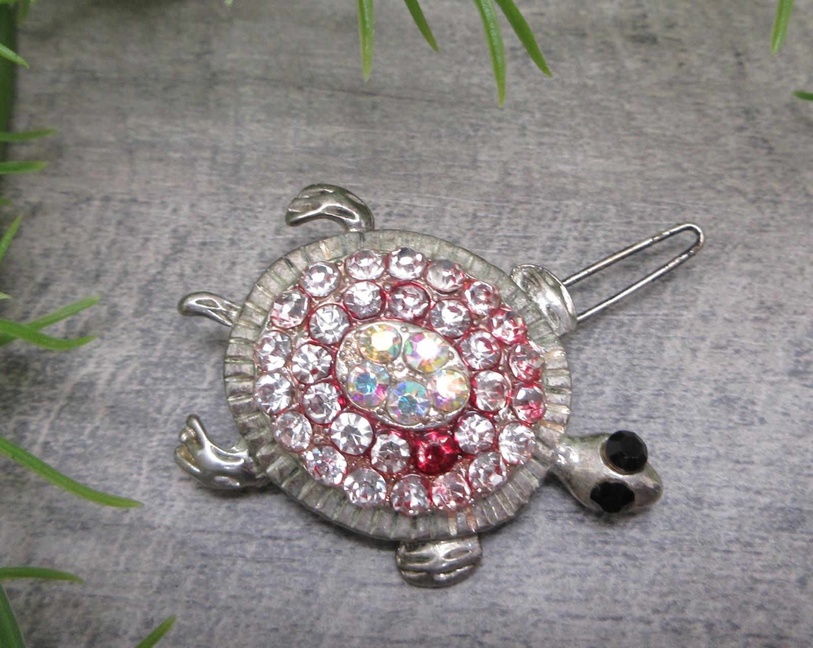 Rhinestone Turtle Hair Clip 1.75 Inch Silver Clear White Pink One Red Stone