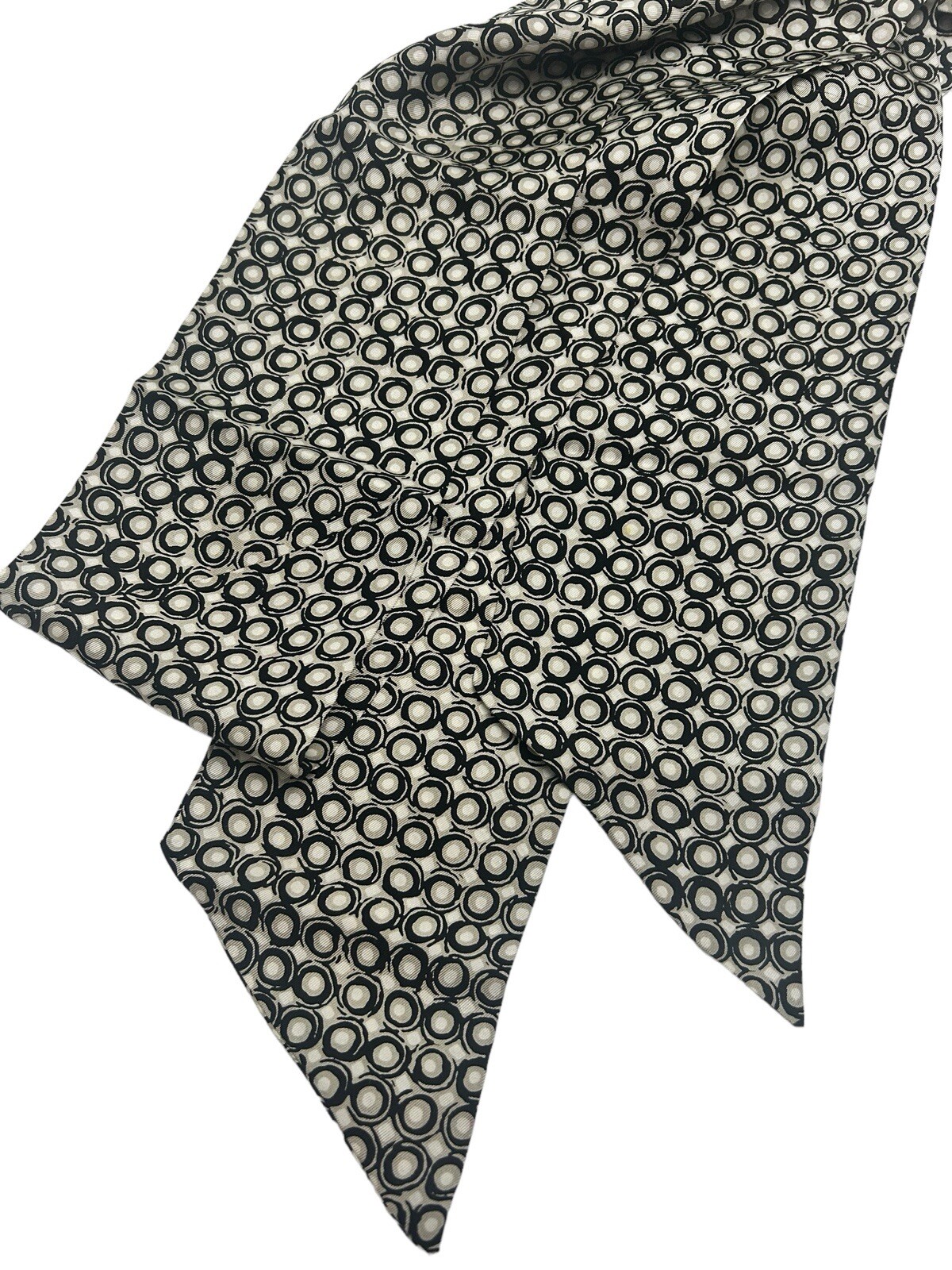Soft fabric hair or neck tie scarf Black Tan White geometric print S3